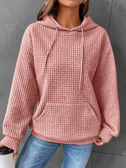 Women's relaxed waffle knit hoodie pullover featuring a drawstring hood and kangaroo pocket, perfect for everyday layering and casual wear. 3