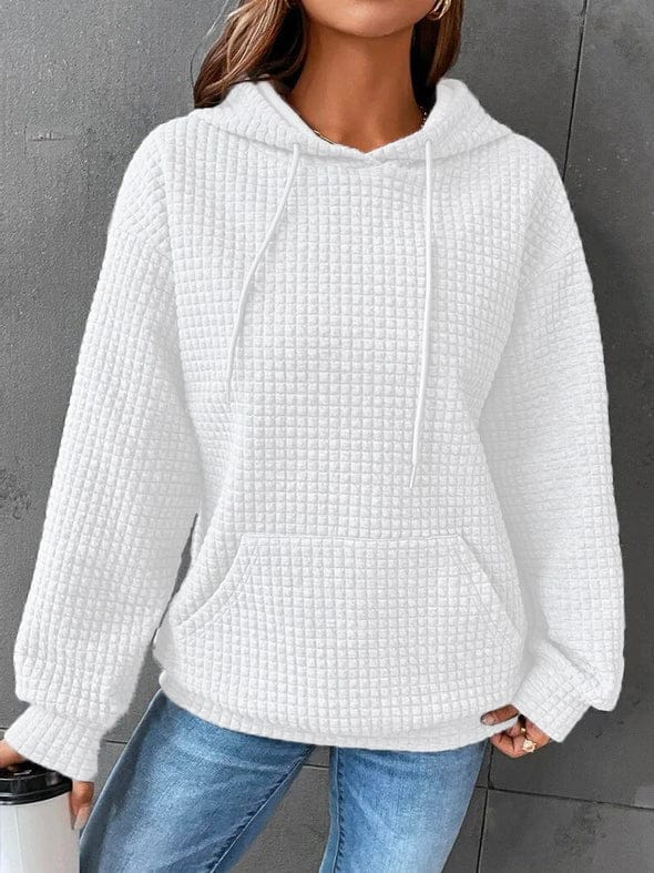 Women's relaxed waffle knit hoodie pullover featuring a drawstring hood and kangaroo pocket, perfect for everyday layering and casual wear. 8