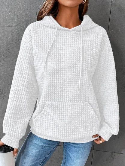 Women's relaxed waffle knit hoodie pullover featuring a drawstring hood and kangaroo pocket, perfect for everyday layering and casual wear. 8