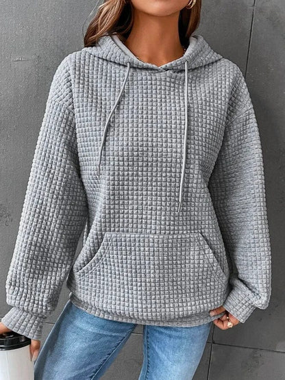 Women's relaxed waffle knit hoodie pullover featuring a drawstring hood and kangaroo pocket, perfect for everyday layering and casual wear. 6