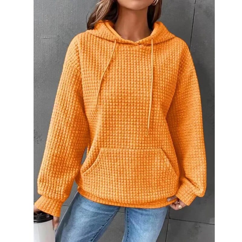 Women's relaxed waffle knit hoodie pullover featuring a drawstring hood and kangaroo pocket, perfect for everyday layering and casual wear. 9