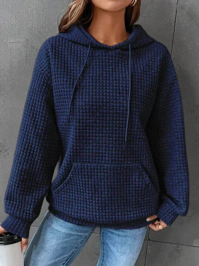 Women's relaxed waffle knit hoodie pullover featuring a drawstring hood and kangaroo pocket, perfect for everyday layering and casual wear. 4