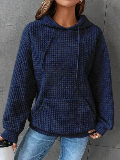 Women's relaxed waffle knit hoodie pullover featuring a drawstring hood and kangaroo pocket, perfect for everyday layering and casual wear. 4