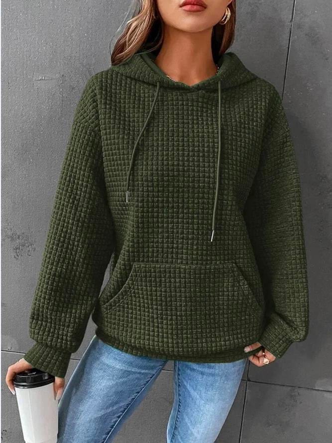 Women's relaxed waffle knit hoodie pullover featuring a drawstring hood and kangaroo pocket, perfect for everyday layering and casual wear. 5
