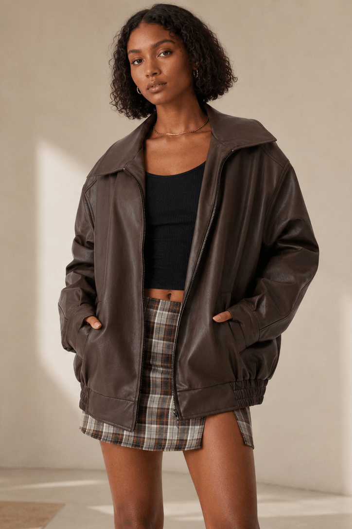 Women's oversized fit leather look jacket, perfect for casual everyday wear, featuring stylish design and comfortable fit. 0