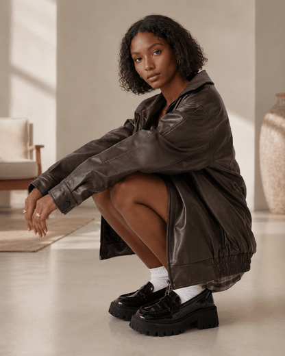 Women's oversized fit leather look jacket, perfect for casual everyday wear, featuring stylish design and comfortable fit. 5