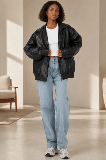 Women's oversized fit leather look jacket, perfect for casual everyday wear, featuring stylish design and comfortable fit. 1