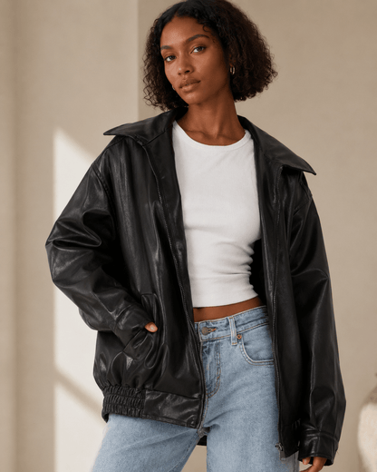 Women's oversized fit leather look jacket, perfect for casual everyday wear, featuring stylish design and comfortable fit. 6