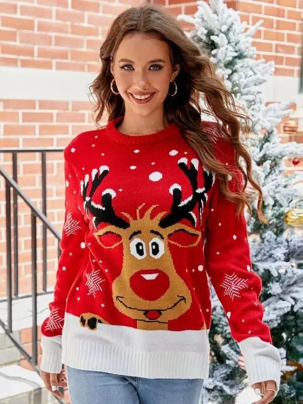 Women's cozy knitted jumper featuring a stylish animal print design, perfect for winter wear with a comfortable crew neck. 5