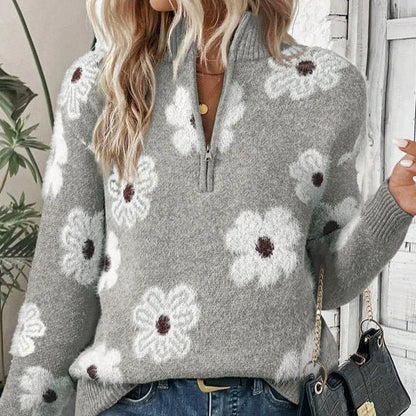 Women's jumper featuring a collared half-zip neckline and a stylish daisy floral pattern, designed for a relaxed fit, perfect for autumn and winter knit 0