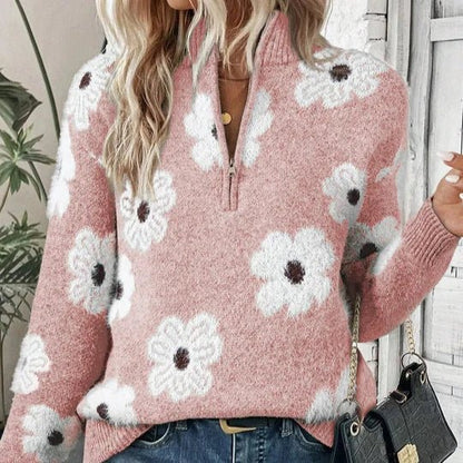 Women's jumper featuring a collared half-zip neckline and a stylish daisy floral pattern, designed for a relaxed fit, perfect for autumn and winter knit 6