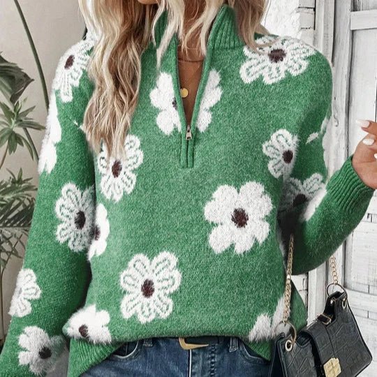 Women's jumper featuring a collared half-zip neckline and a stylish daisy floral pattern, designed for a relaxed fit, perfect for autumn and winter knit 2