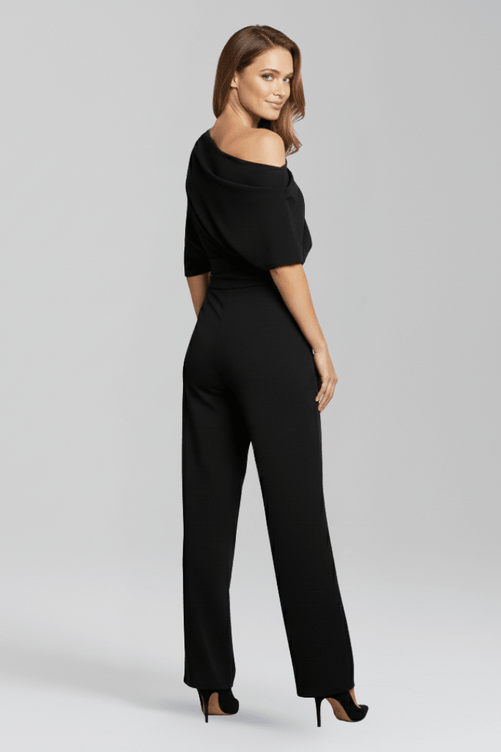 Elegant black women's jumpsuit featuring an asymmetric neckline and wide leg trousers, perfect for both casual and formal occasions. 2