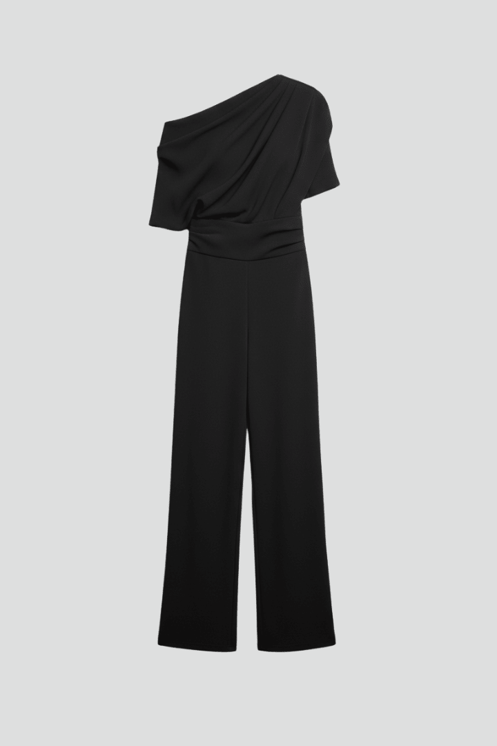 Elegant black women's jumpsuit featuring an asymmetric neckline and wide leg trousers, perfect for both casual and formal occasions. 1
