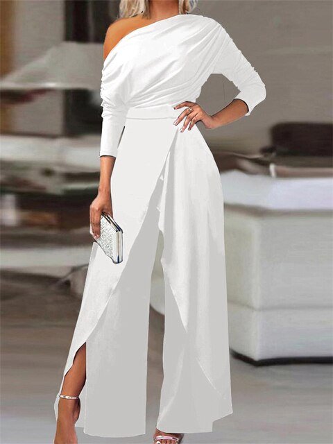 Elegant women's off-shoulder jumpsuit featuring a tie waist and wide leg design, perfect for evening wear and special occasions. 0