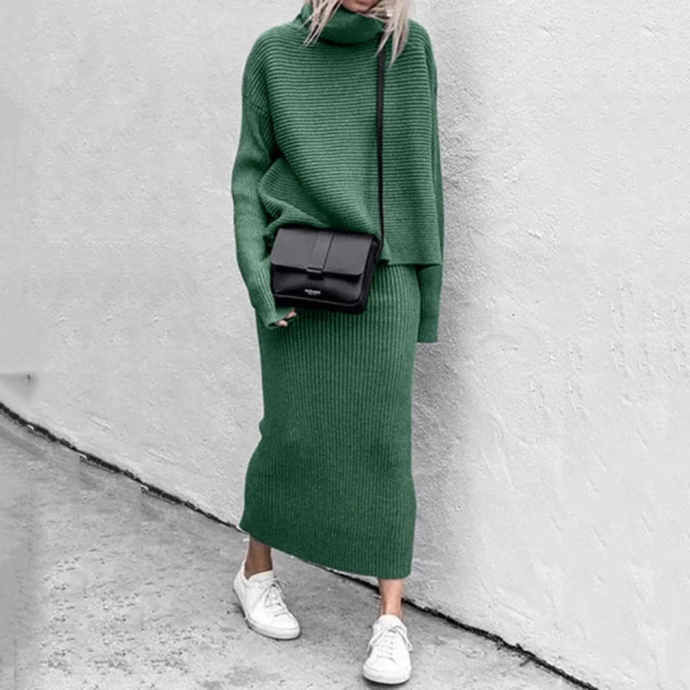 Women's knit top and maxi skirt co-ord set made from soft stretch fabric, featuring a relaxed fit for comfortable all-day wear. 1