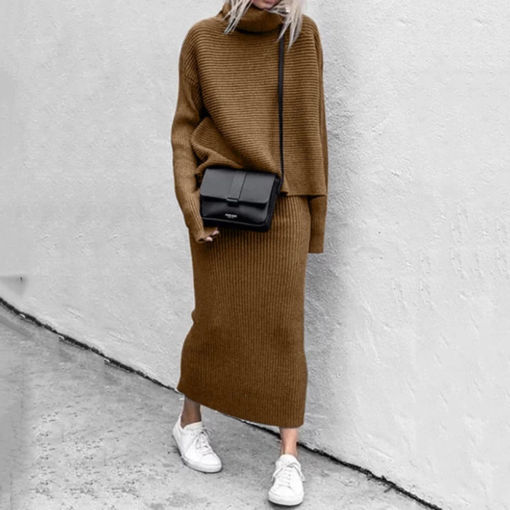 Women's knit top and maxi skirt co-ord set made from soft stretch fabric, featuring a relaxed fit for comfortable all-day wear. 0