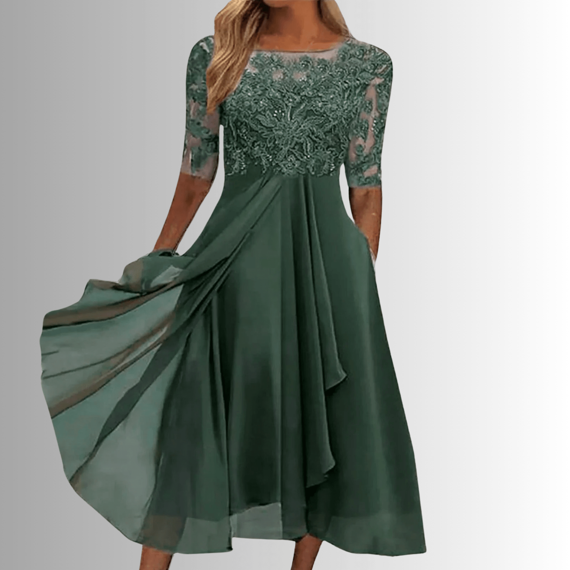 Elegant women's lace dress perfect for wedding guests and formal events, featuring a comfortable fit and intricate lace details. 3