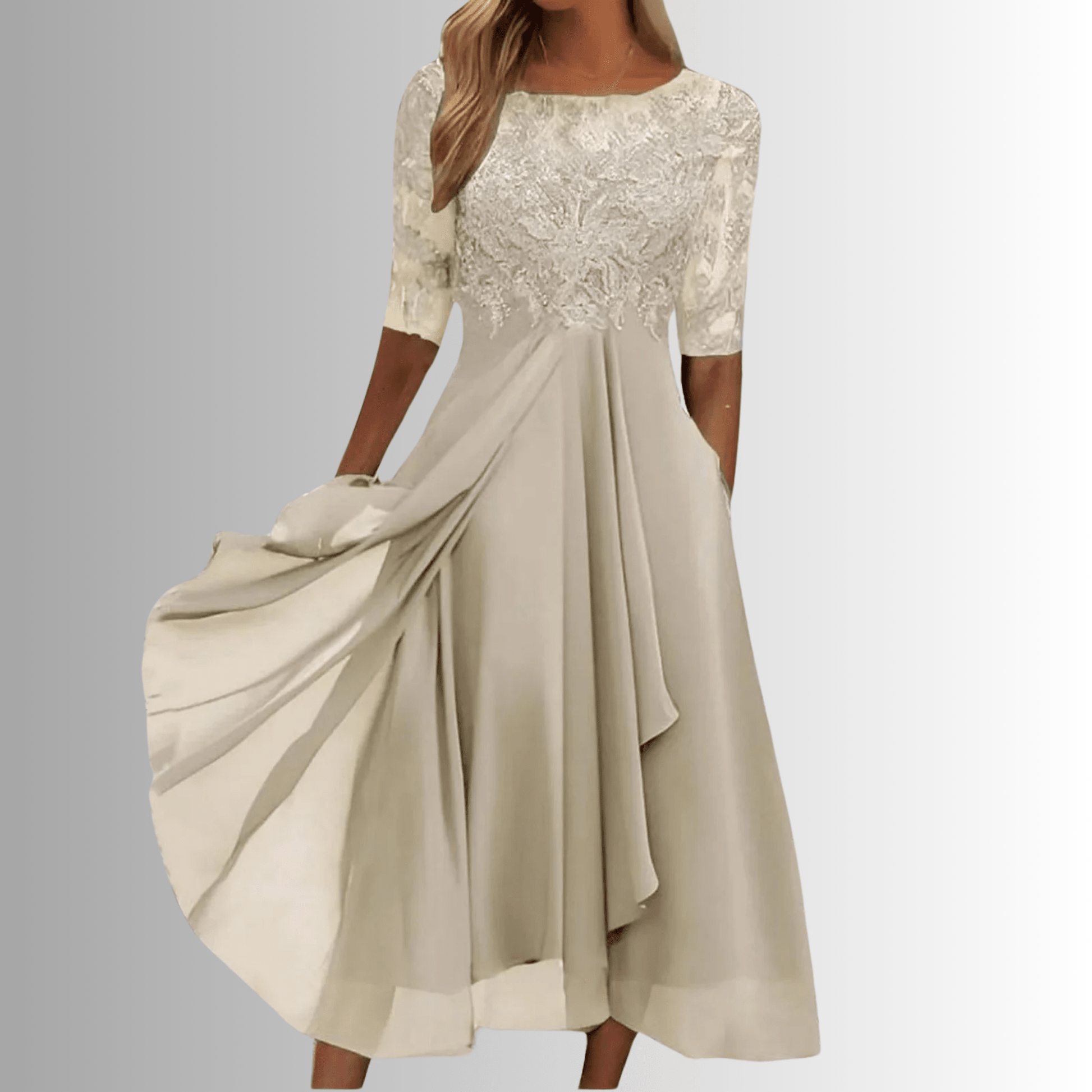 Elegant women's lace dress perfect for wedding guests and formal events, featuring a comfortable fit and intricate lace details. 2