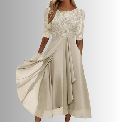 Elegant women's lace dress perfect for wedding guests and formal events, featuring a comfortable fit and intricate lace details. 2
