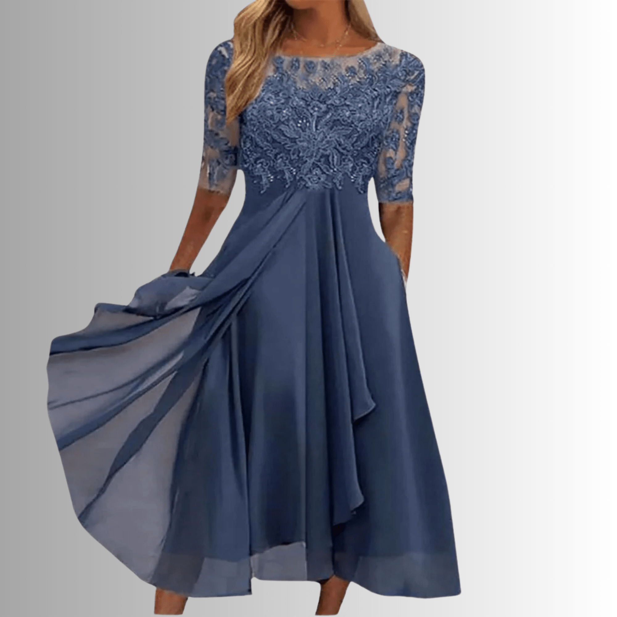 Elegant women's lace dress perfect for wedding guests and formal events, featuring a comfortable fit and intricate lace details. 0