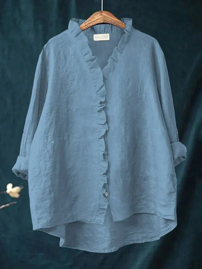 Women's linen casual shirt featuring ruffled details, made from soft breathable fabric perfect for everyday wear. 4