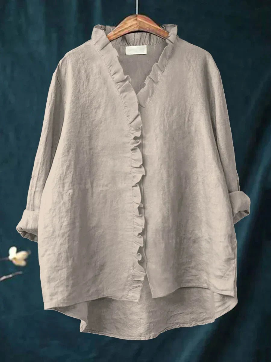 Women's linen casual shirt featuring ruffled details, made from soft breathable fabric perfect for everyday wear. 6