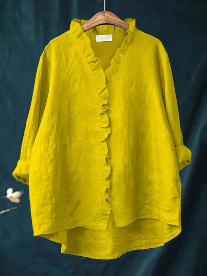 Women's linen casual shirt featuring ruffled details, made from soft breathable fabric perfect for everyday wear. 3