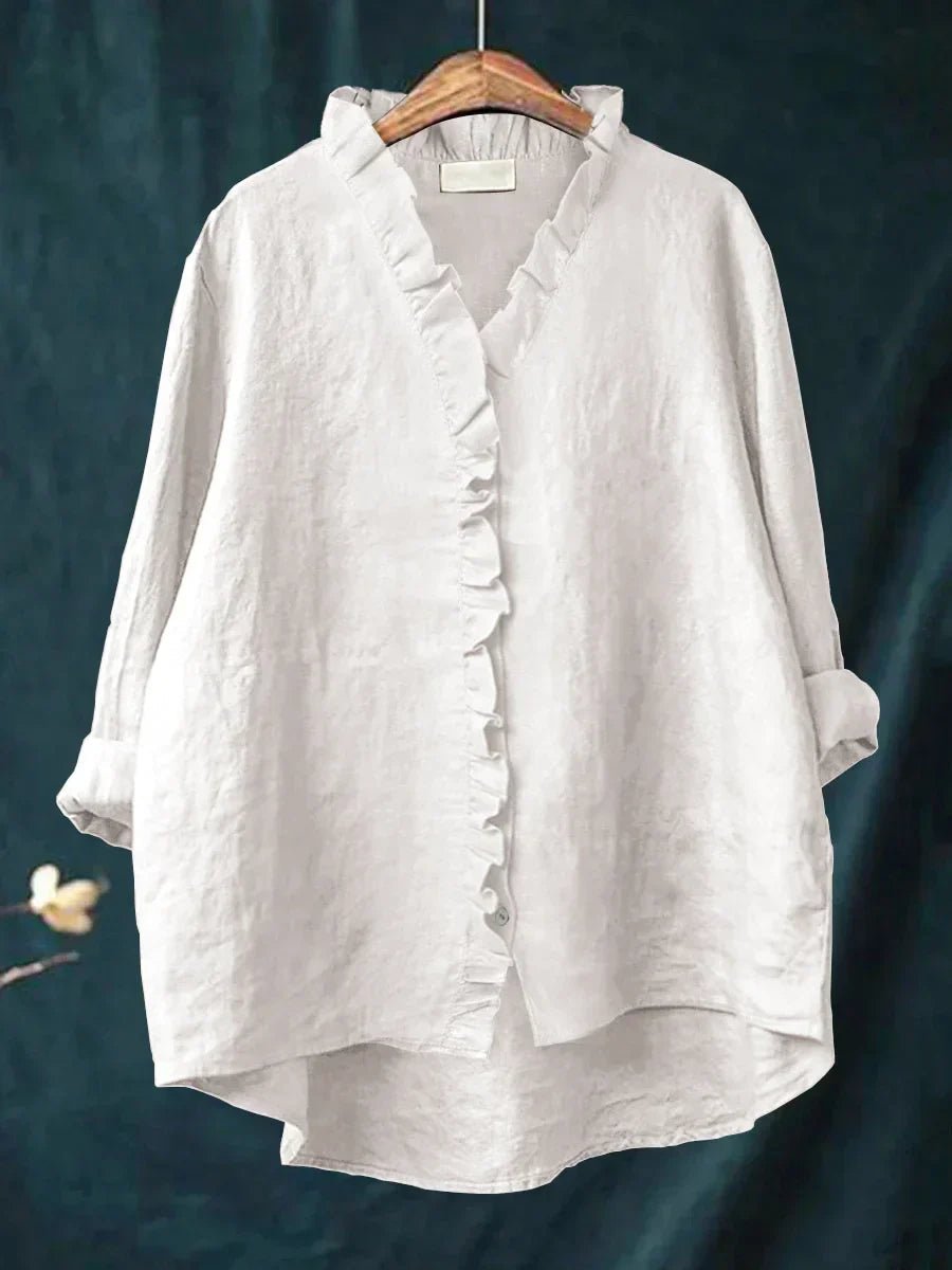 Women's linen casual shirt featuring ruffled details, made from soft breathable fabric perfect for everyday wear. 1