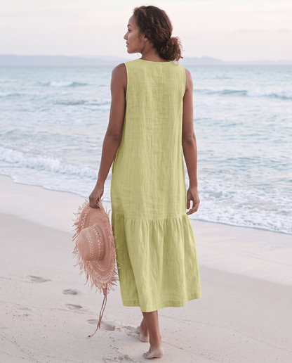 Women's linen midi dress featuring a stylish V-neck and a tiered skirt, perfect for casual beach wear in warm summer days. 7