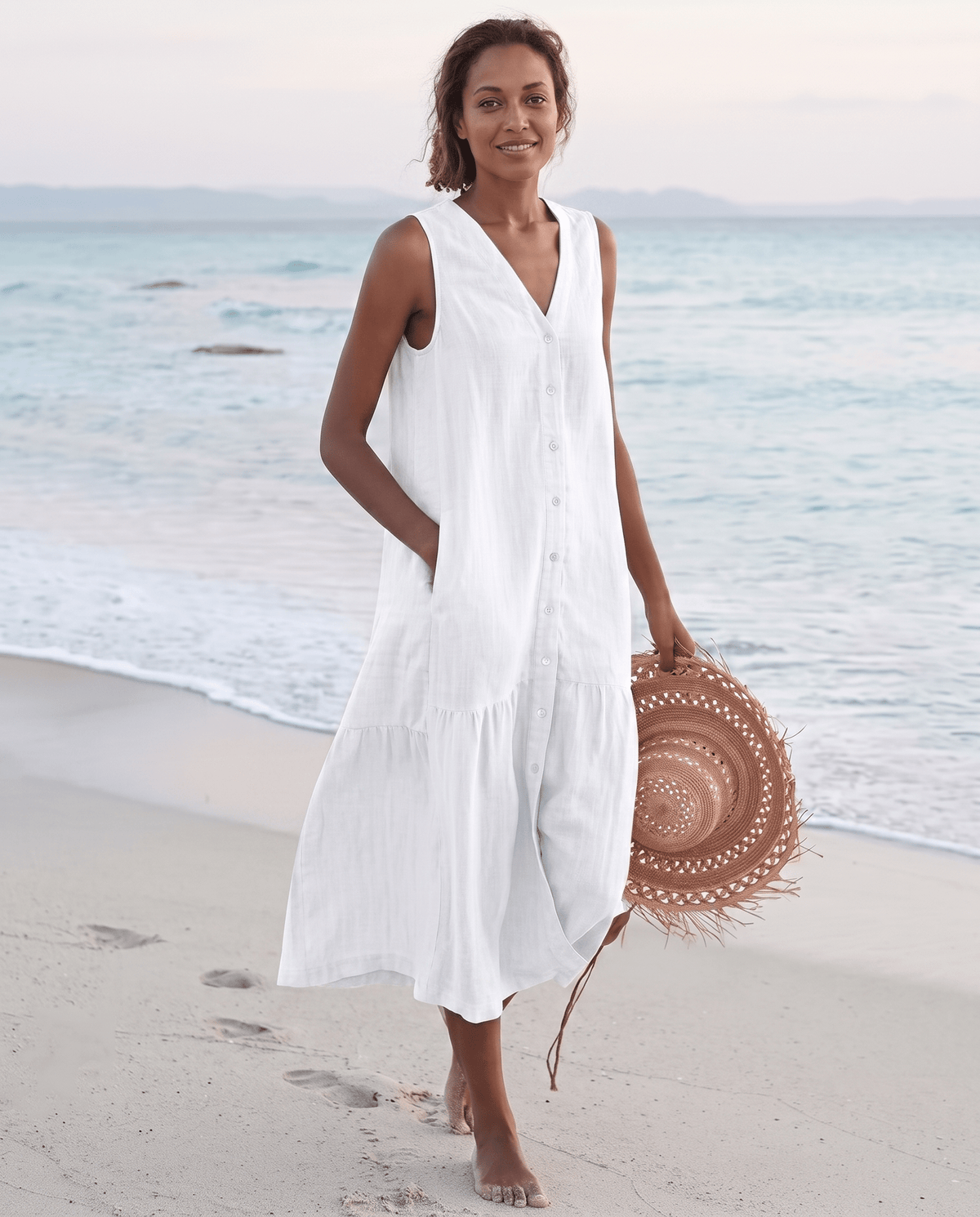 Women's linen midi dress featuring a stylish V-neck and a tiered skirt, perfect for casual beach wear in warm summer days. 9