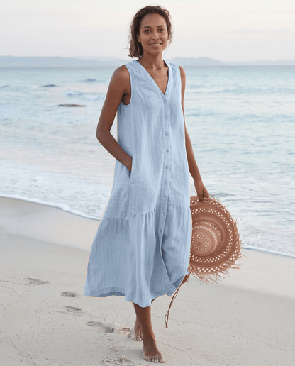 Women's linen midi dress featuring a stylish V-neck and a tiered skirt, perfect for casual beach wear in warm summer days. 0