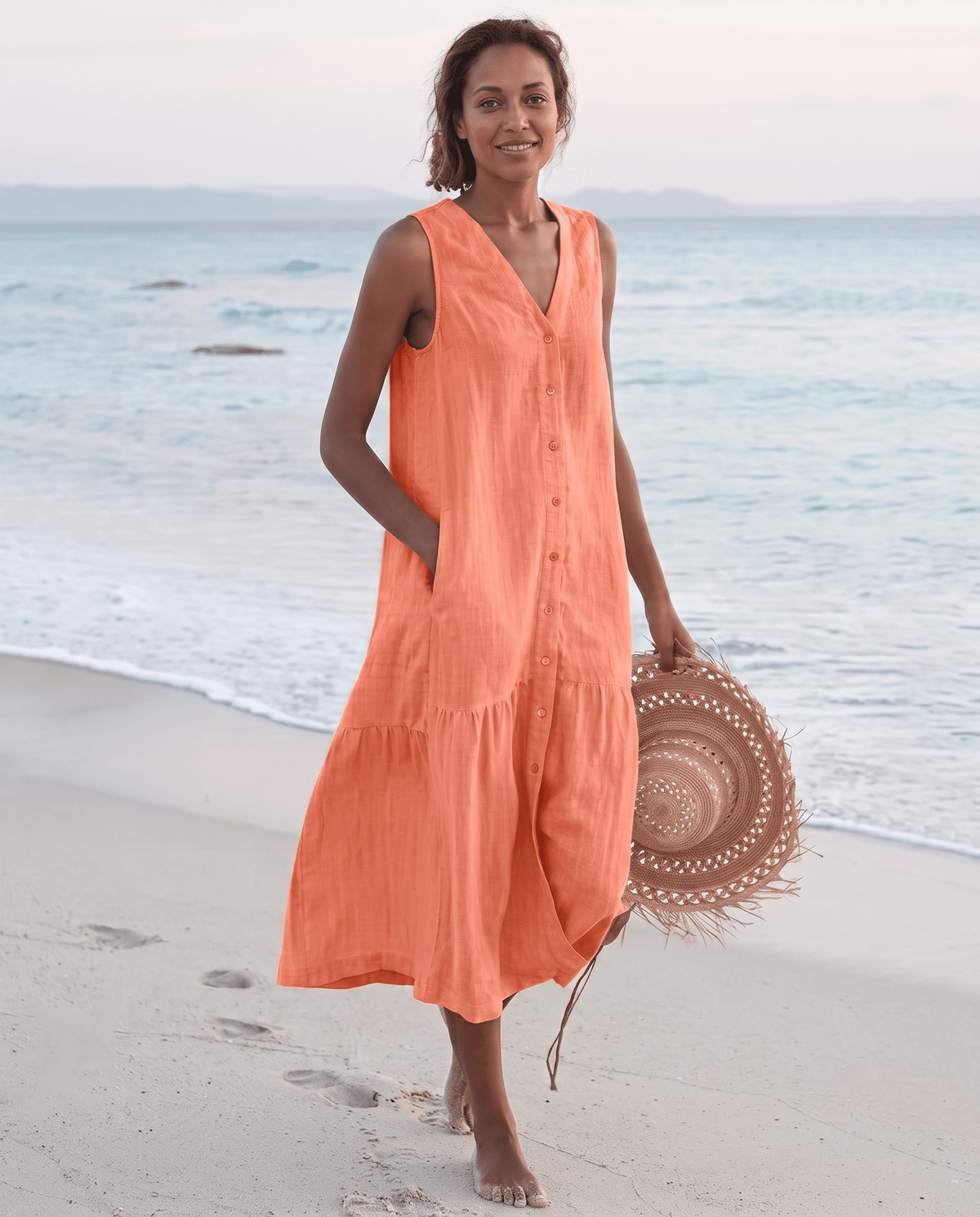Women's linen midi dress featuring a stylish V-neck and a tiered skirt, perfect for casual beach wear in warm summer days. 12