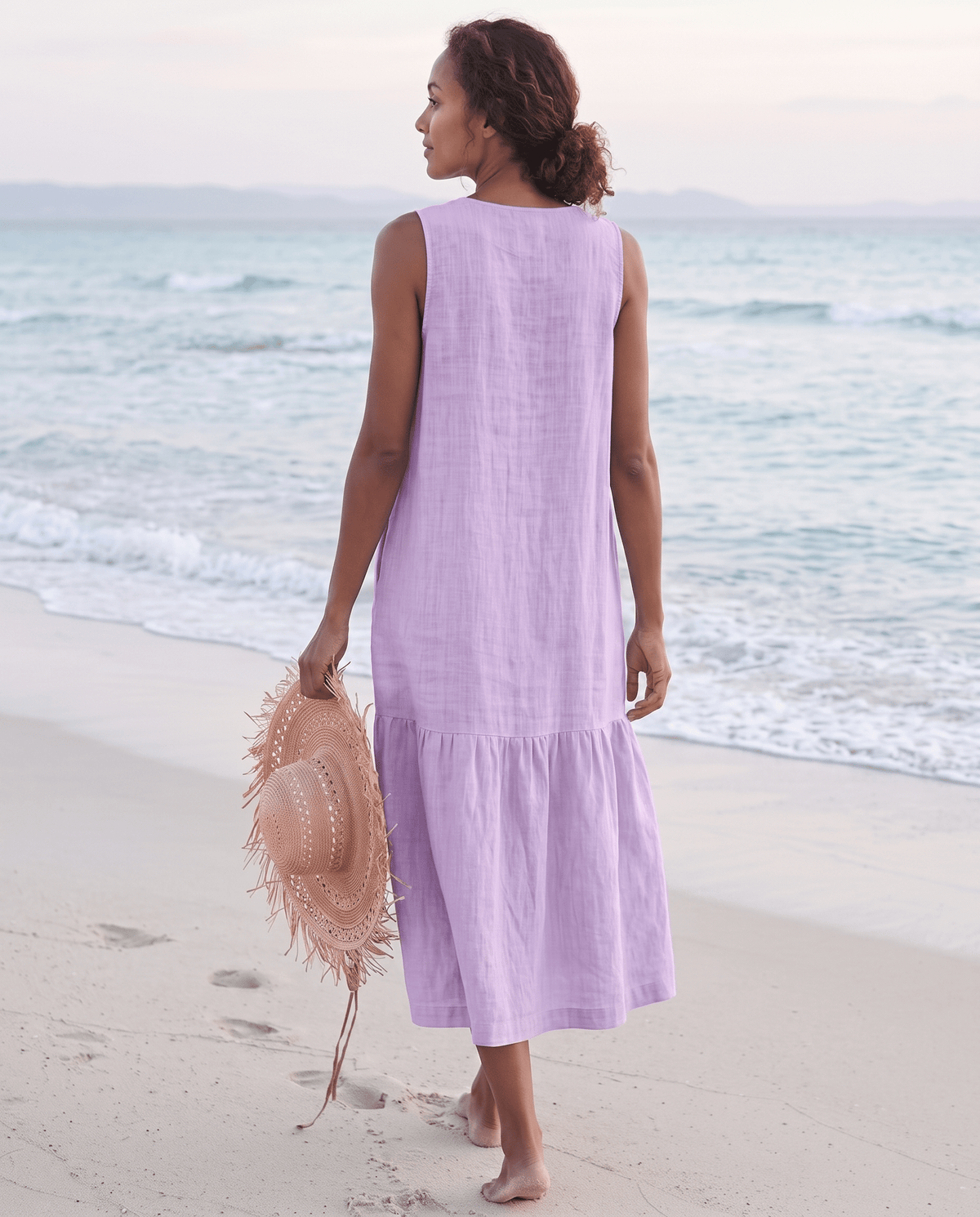Women's linen midi dress featuring a stylish V-neck and a tiered skirt, perfect for casual beach wear in warm summer days. 4
