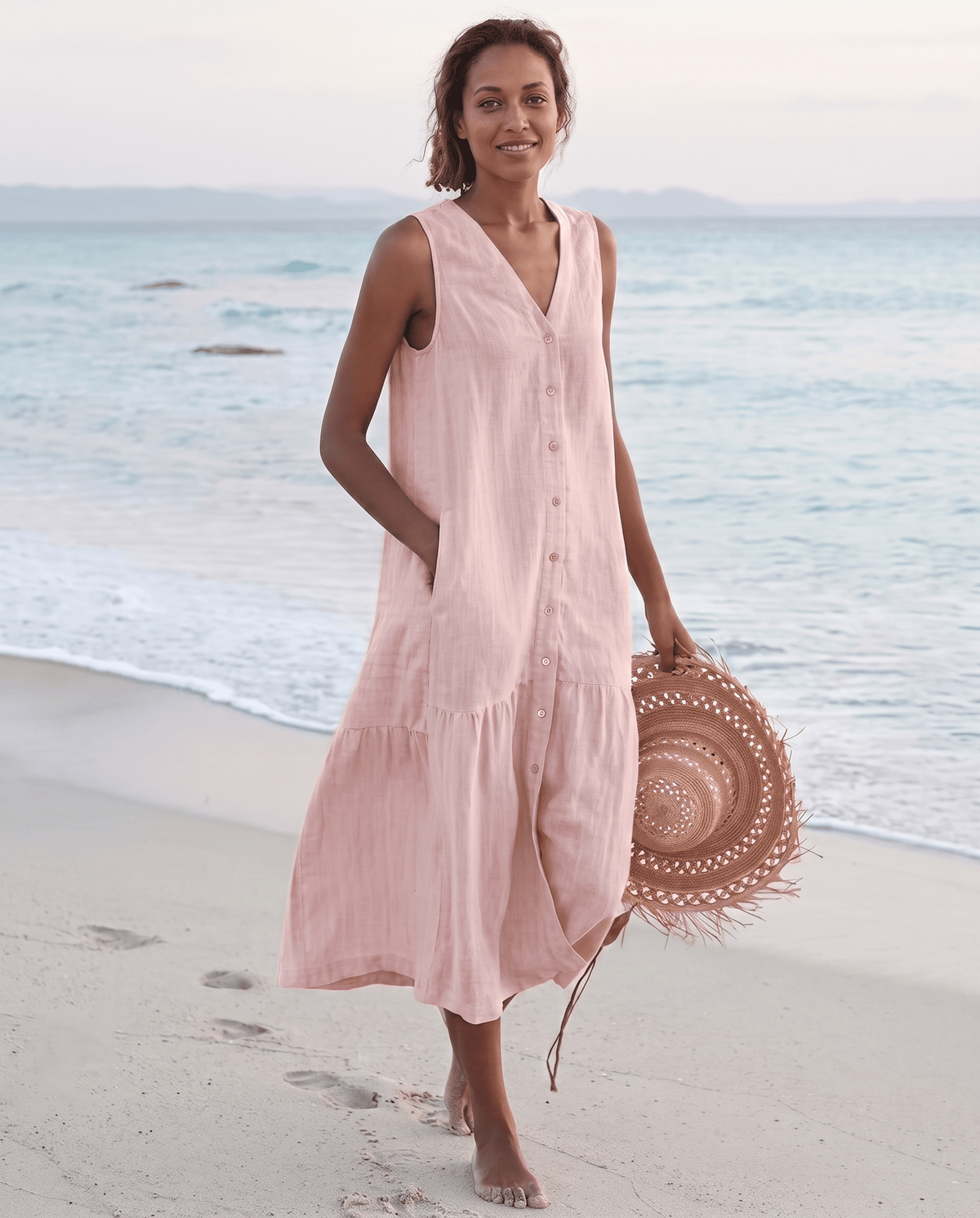 Women's linen midi dress featuring a stylish V-neck and a tiered skirt, perfect for casual beach wear in warm summer days. 11