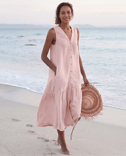 Women's linen midi dress featuring a stylish V-neck and a tiered skirt, perfect for casual beach wear in warm summer days. 11