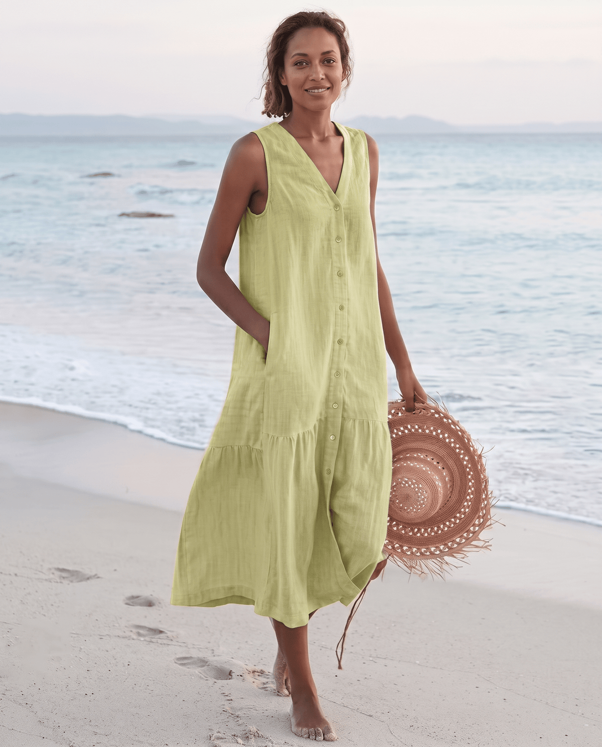 Women's linen midi dress featuring a stylish V-neck and a tiered skirt, perfect for casual beach wear in warm summer days. 6