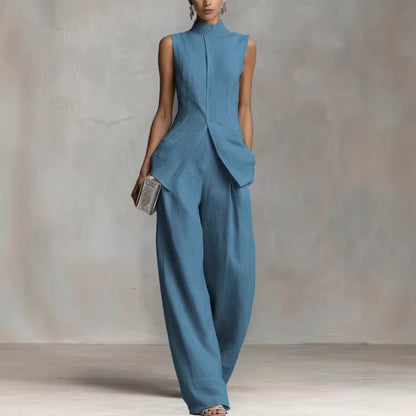 Women's linen two-piece set featuring a stylish stand-up collar top and comfortable wide-leg trousers, perfect for summer outings and casual wear. 8