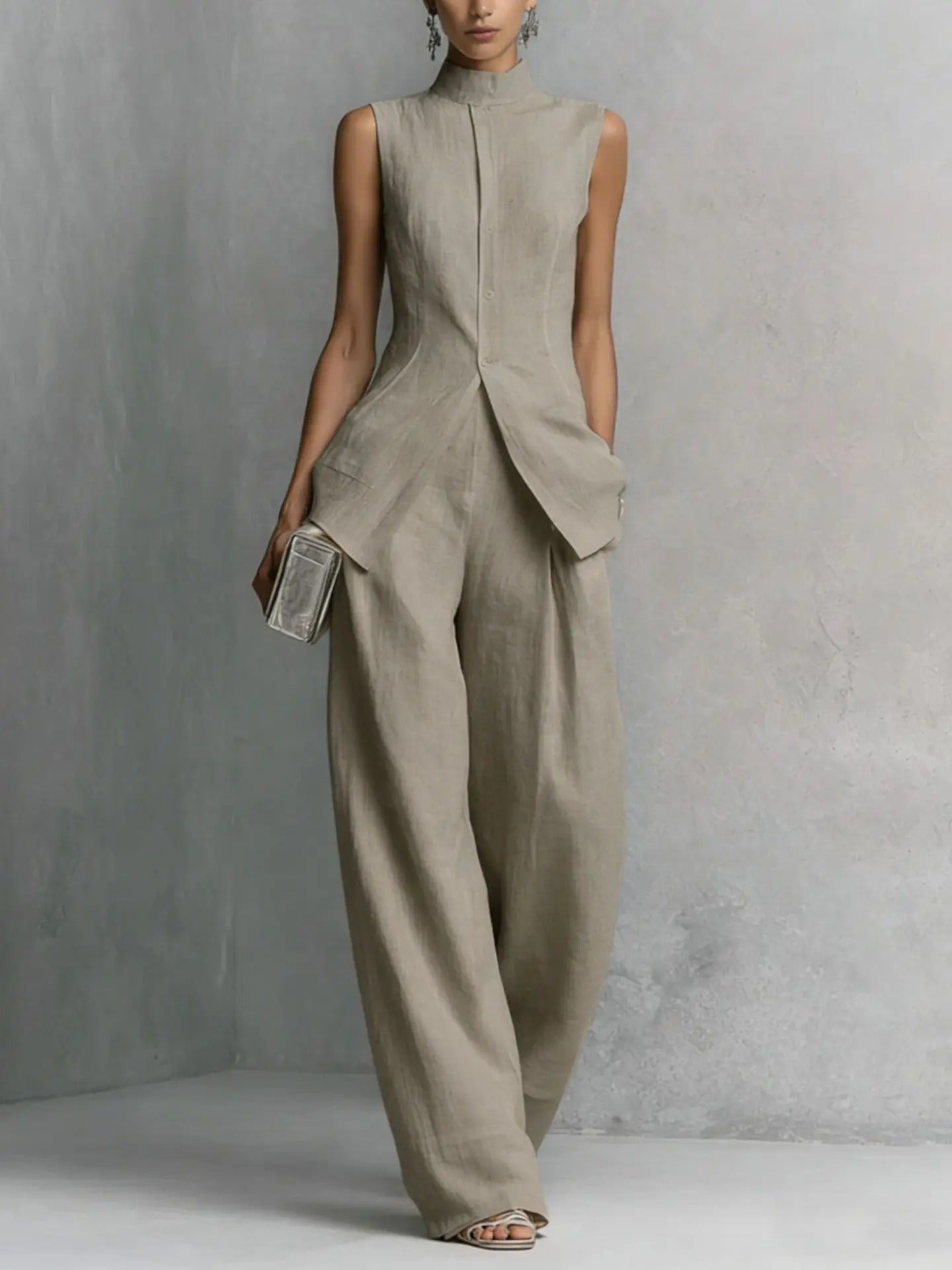 Women's linen two-piece set featuring a stylish stand-up collar top and comfortable wide-leg trousers, perfect for summer outings and casual wear. 2
