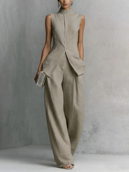 Women's linen two-piece set featuring a stylish stand-up collar top and comfortable wide-leg trousers, perfect for summer outings and casual wear. 2