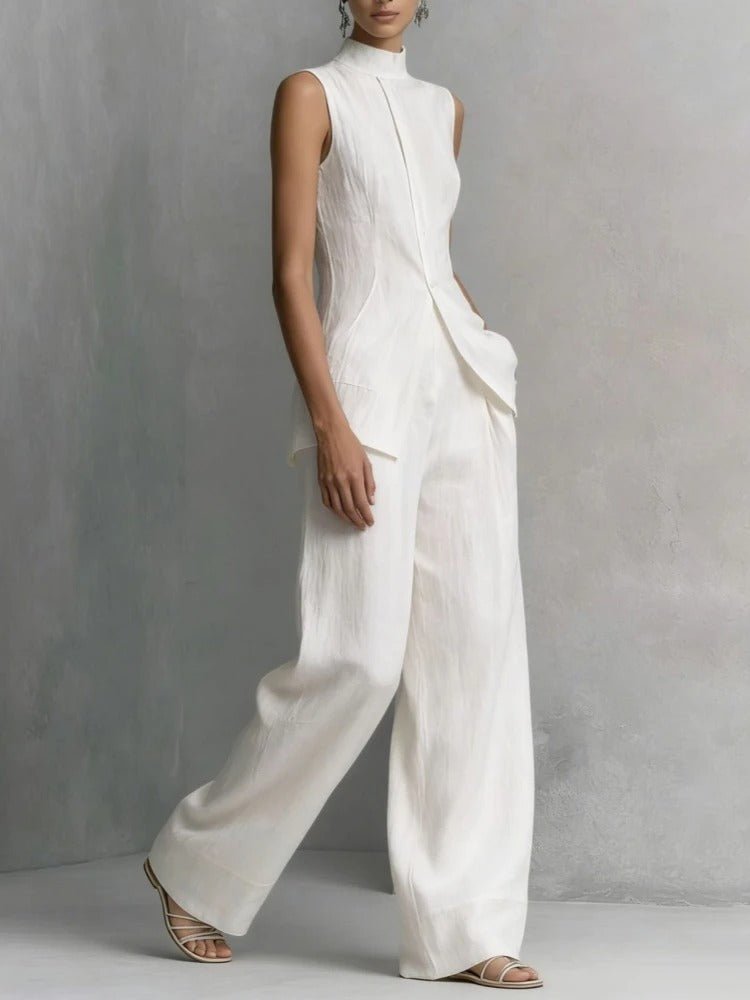 Women's linen two-piece set featuring a stylish stand-up collar top and comfortable wide-leg trousers, perfect for summer outings and casual wear. 6