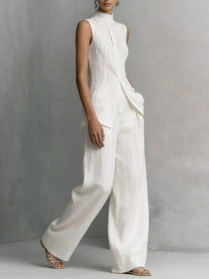 Women's linen two-piece set featuring a stylish stand-up collar top and comfortable wide-leg trousers, perfect for summer outings and casual wear. 6