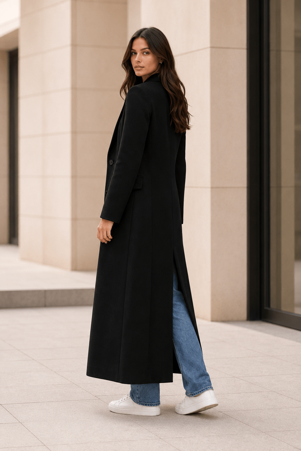 Women's long maxi coat featuring a tailored silhouette, perfect for minimalist winter style, ideal for everyday and evening wear. 1