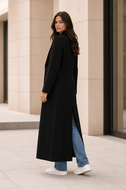 Women's long maxi coat featuring a tailored silhouette, perfect for minimalist winter style, ideal for everyday and evening wear. 1