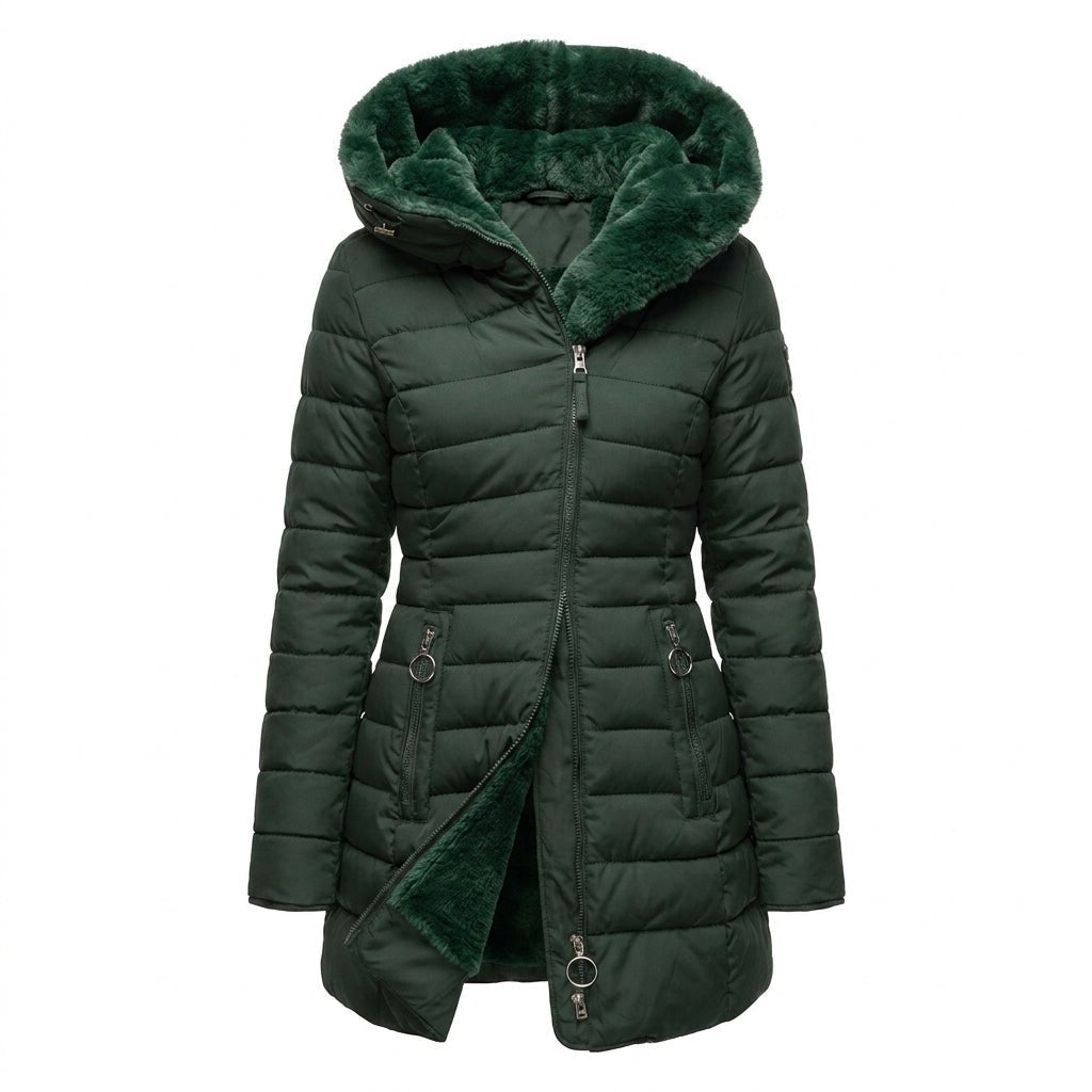 Women's long quilted black puffer jacket featuring an adjustable hood, designed for warmth and style in cold weather conditions. 7