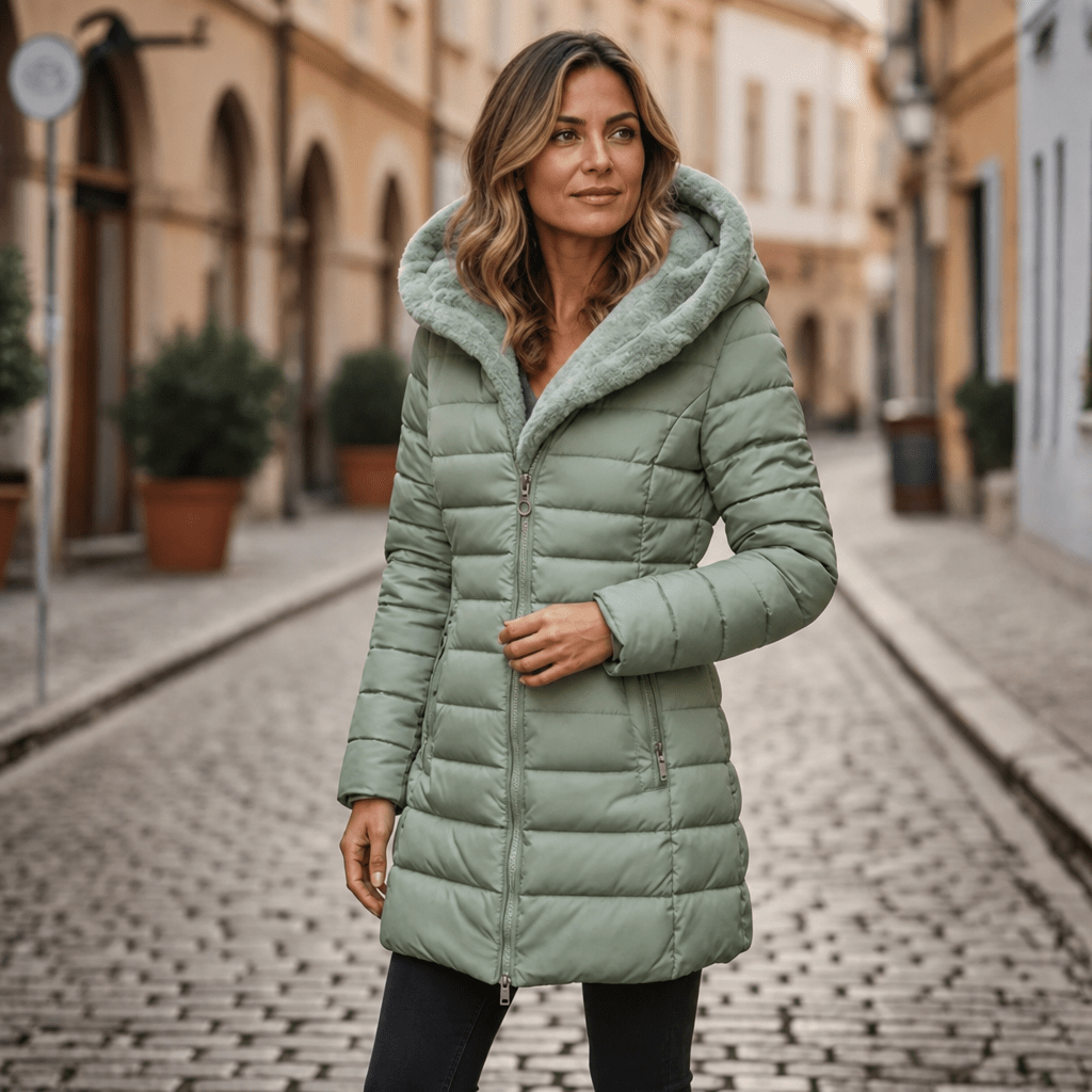 Women's long quilted black puffer jacket featuring an adjustable hood, designed for warmth and style in cold weather conditions. 5