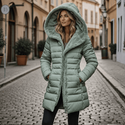Women's long quilted black puffer jacket featuring an adjustable hood, designed for warmth and style in cold weather conditions. 6