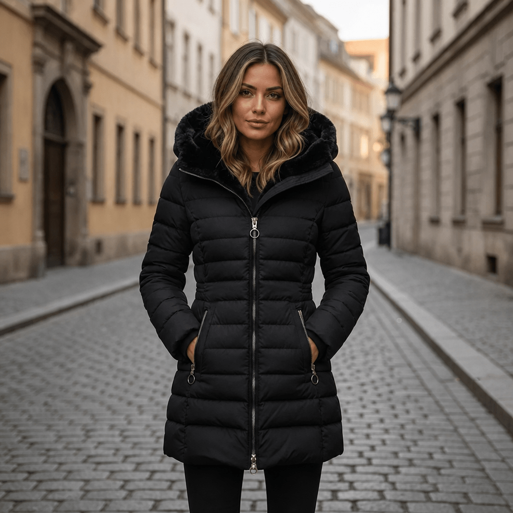 Women's long quilted black puffer jacket featuring an adjustable hood, designed for warmth and style in cold weather conditions. 3