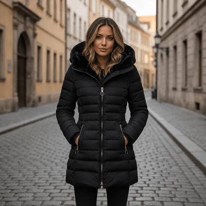 Women's long quilted black puffer jacket featuring an adjustable hood, designed for warmth and style in cold weather conditions. 3