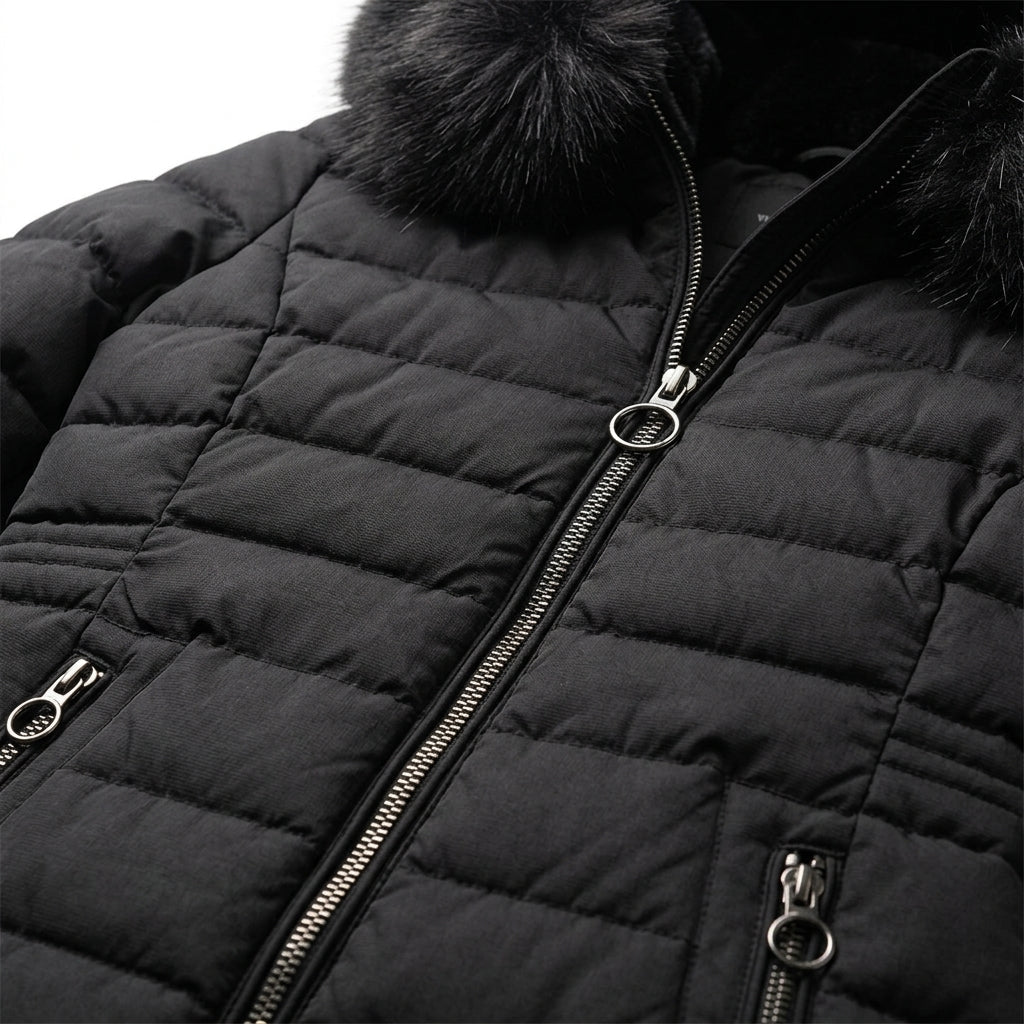 Women's long quilted black puffer jacket featuring an adjustable hood, designed for warmth and style in cold weather conditions. 2